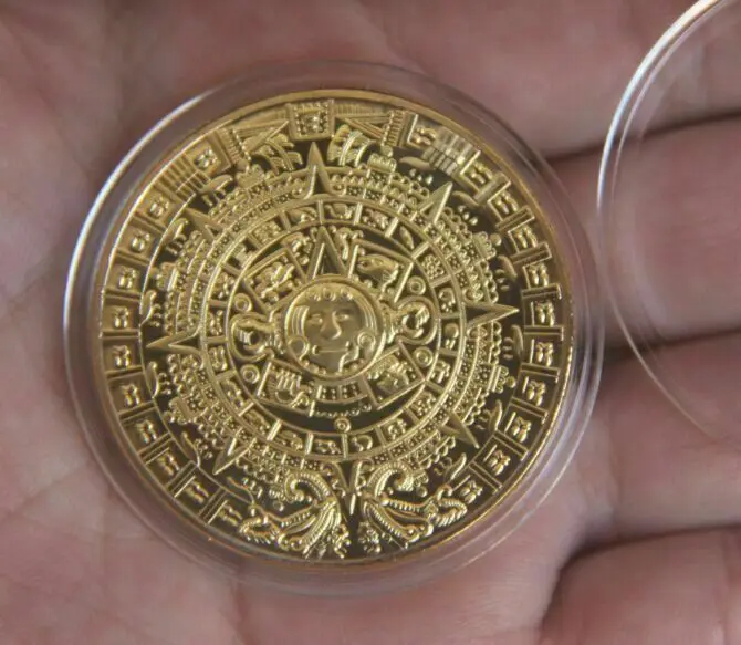 Maya Calendar Plated Coin Souvenir Mayan Aztec Badge Pin Mexico Gift Gold Color Vintage Collection