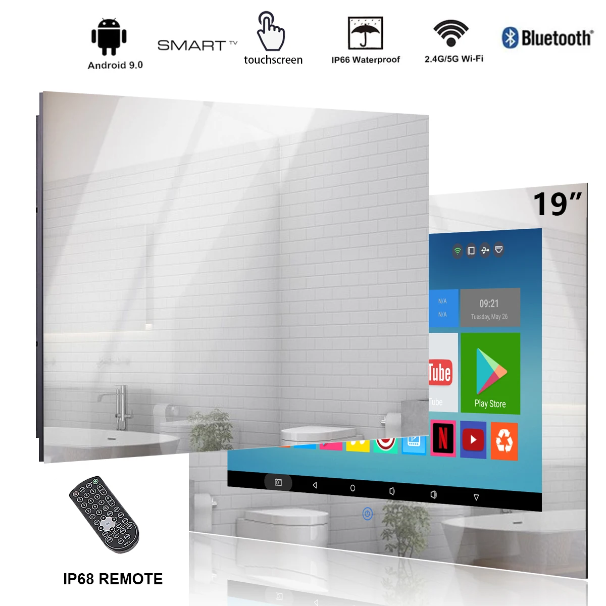 ¡Nuevo! Haocrown TV con espejo y pantalla táctil de 19 pulgadas para baño, televisión inteligente Android resistente al agua IP66, Wi-Fi ATSC incorporado