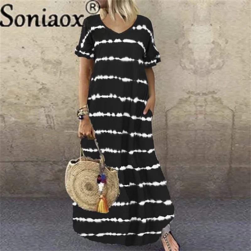 

Striped Printed Loose Women Robe Dress 2021 Summer Short Sleeve V-Neck Big Swing Long Dress Pocket Ladies Maxi Dresses