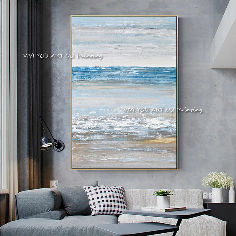 The Best Handpainted Sea View Wall Art Modern Original Shadow Abstract Thick Oil Painting Pretty Water Blue Sky Decor for Office