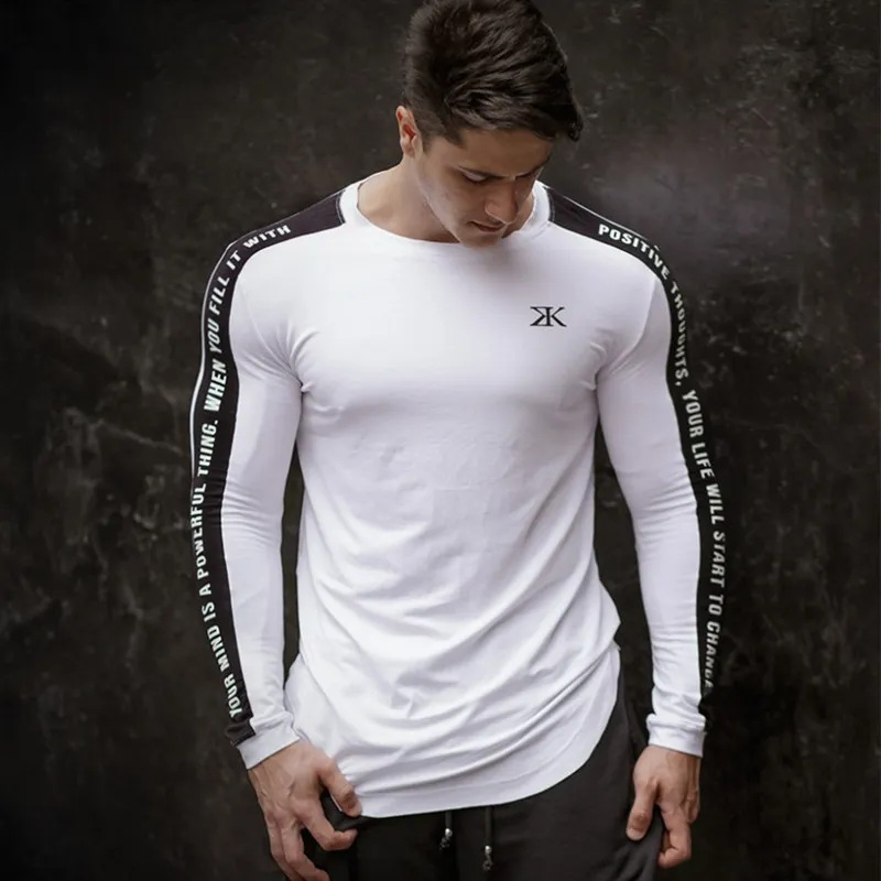 Men Skinny Long sleeve Shirts Spring 2019 Casual Fashion Printed T-Shirt Male Gyms Fitness Black Tee shirt Tops Brand Clothing