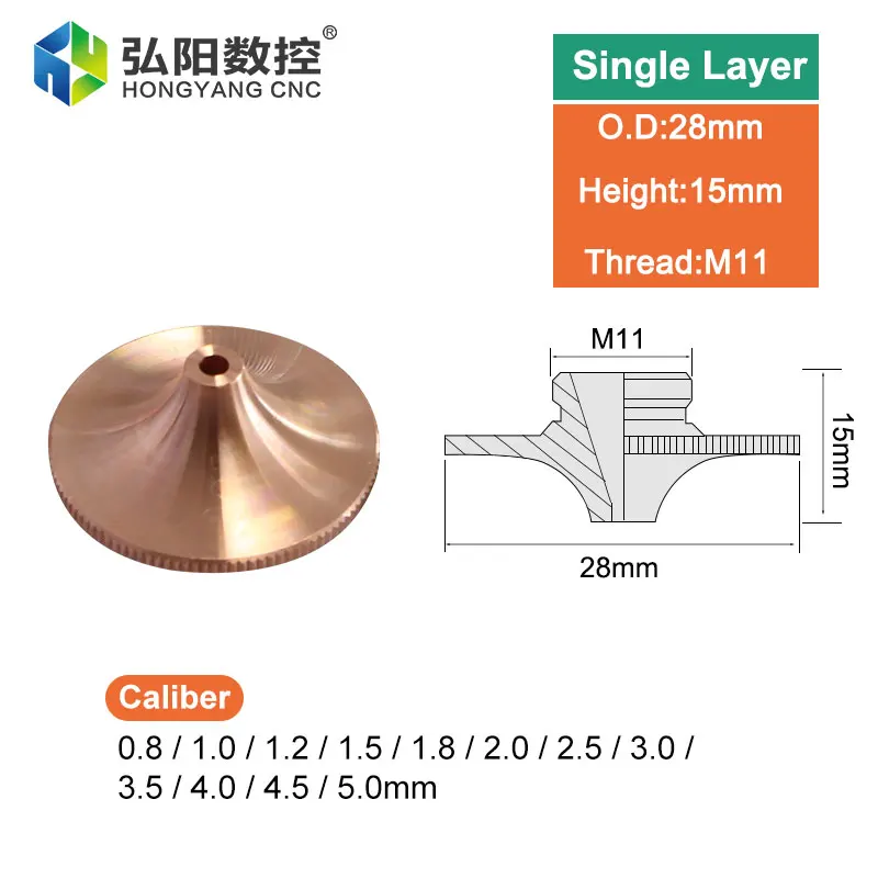 Boquilla láser Hongshan de capa única y doble, boquilla de corte de Metal y cobre de 28mm, diámetro de cabeza mejorado 0,8-5,0, rosca M11