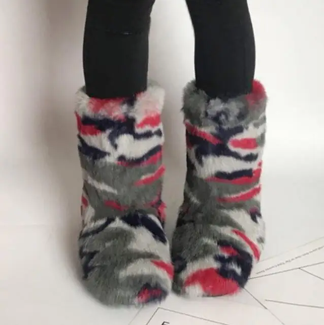 Eskimo Soft Rabbit Fur Snow Boots Plush inside Winter Boots Woman Thick sole Multicolor patchwork Real Fur Mid-calf Boots