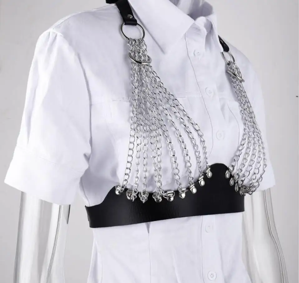 Sexy leather Harness Belt Women metal chain Chest Body Strap Gothic Garter Belt Fetish Erotic BDSM Bandage Belt