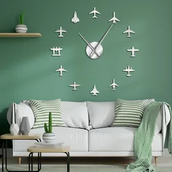 Flying Plane Fighter Jet Large Wall Clock DIY 3D Acrylic Mirror Effect Sticker Airplane Silent Watch Aviator Home Decor