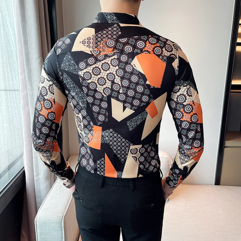 Luxury Retro Print Men\'s Shirt Fashion Slim Fit Long Sleeve Casual Shirt Male Business Formal Dress Shirts Social Tuxedo Blouse