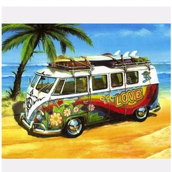 Full Square Round 5d diy Diamond Embroidery Seaside VW Car Diamond Painting Cross Stitch Rhinestone Mosaic Home Decoration Gift