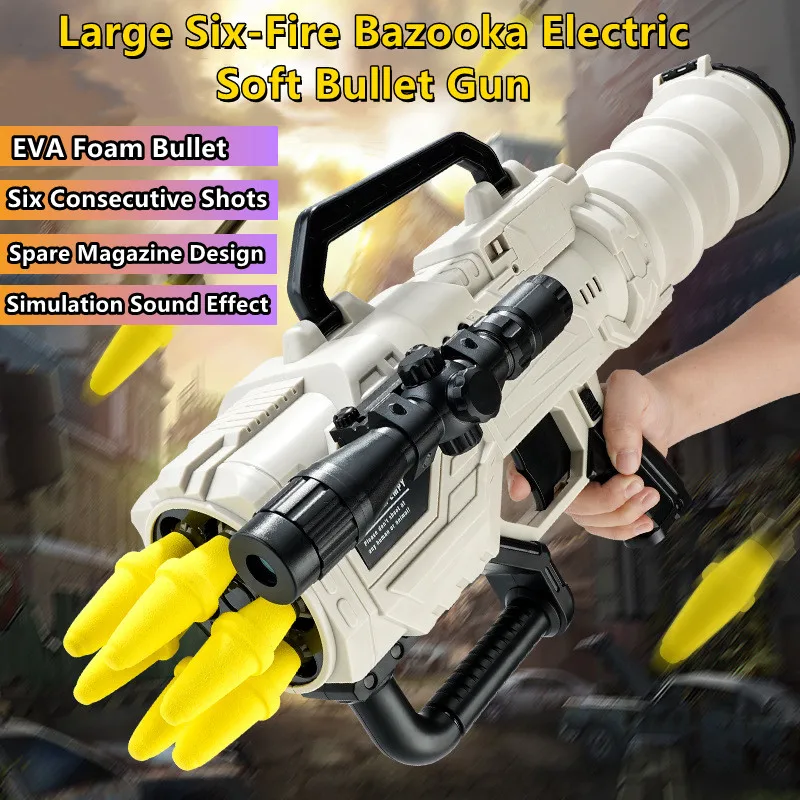 

58CM Large Six-Fire Bazooka Electric Soft Bullet Gun Real Sound Effects Spare Magazine Magnifying Lens Rocket Launcher Boys Toy