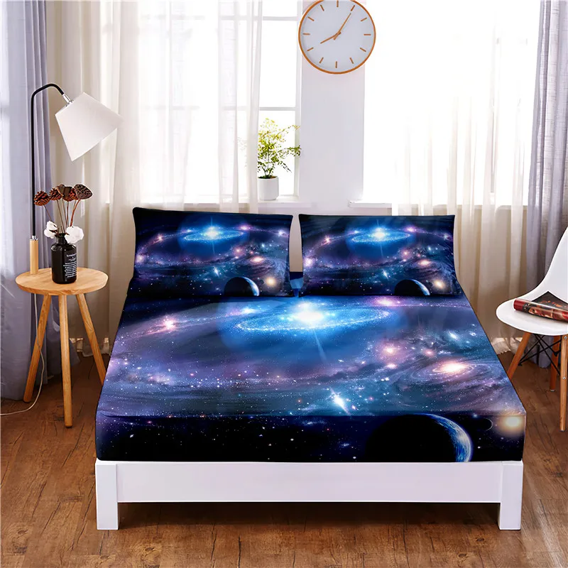 Star Galaxy Digital Printed 3pc Polyester  Fitted Sheet Mattress Cover Four Corners with Elastic Band Bed Sheet Pillowcases