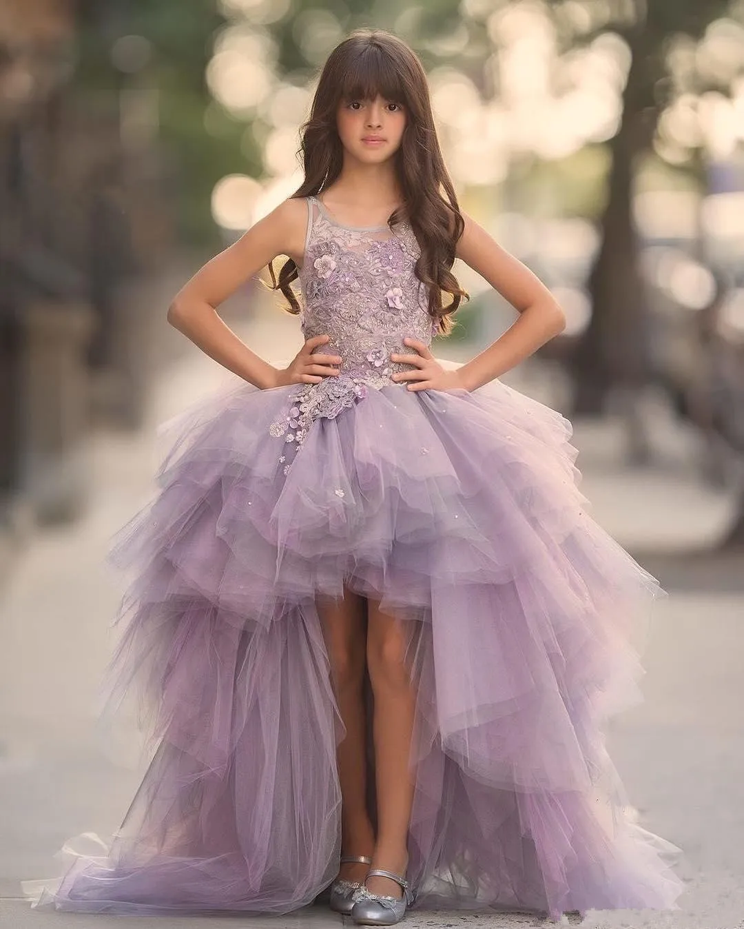 2020 adorável luxo lavanda organza flor meninas vestidos de alta baixa renda apliques topo babados saia meninas pageant vestidos crianças