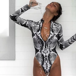 One Piece Swimsuit Women's Long Sleeve Surfing Suit Snakeskin Leopard Zipper Monokini Push Up Sexy Swimming Suit for Women 2023