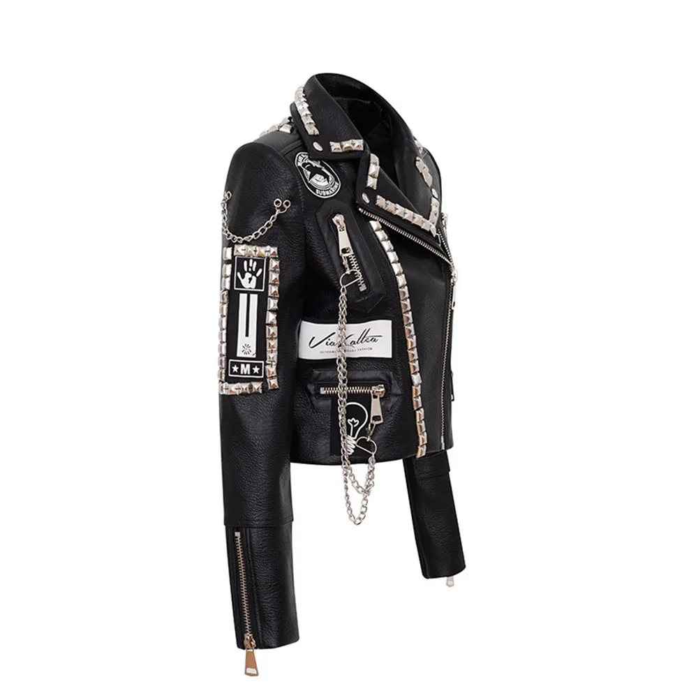 Autumn Winter New Rivet Women Graffiti Jacket PUNK Print Letter Slim Motorcycle Chain Coat PU Faux Leather Studs Short Outwear