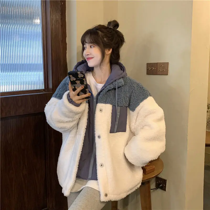 

Women's Winter Coat Padded Jacket Women's Lamb Wool Top Loose Stitching Plus Velvet Thick Parkas Jackets for Women manteau femme