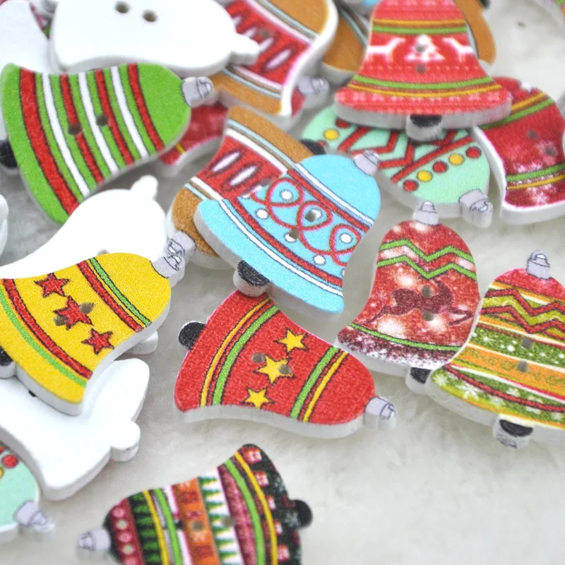 50Pcs Christmas Bell Wood Buttons Decorative Buttons 2 Holes Sewing Accessories 24mm Scrapbooking Supplies  WB241