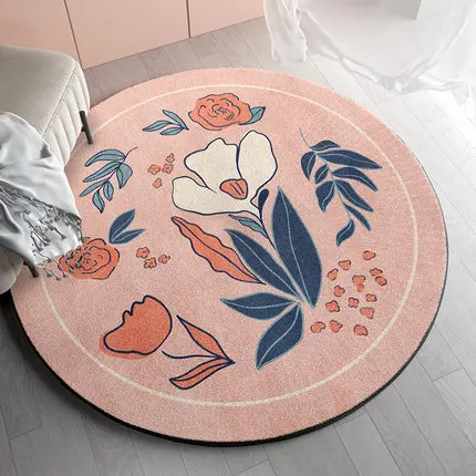 Circular Non-Slip Soft Carpet for Girl, Flower Bedroom Mat, Pink Series