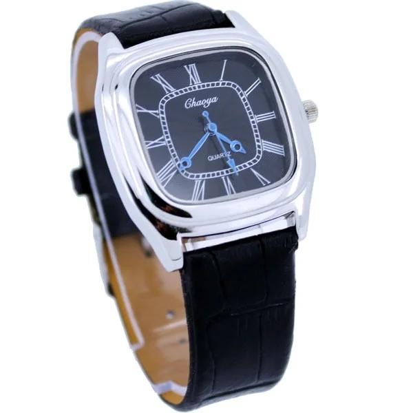 Di modo Quadrato Della Signora Degli Uomini Cinturino In Pelle Nera Orologio Da Polso Al Quarzo Batteria Inclusa Unisex