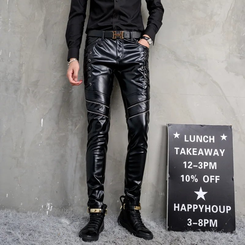 Men's Leather Pants Men Fashion Casual Pant Male Slim Fit PU Leather Locomotive Pants Punk Rock Stage Show Clothing