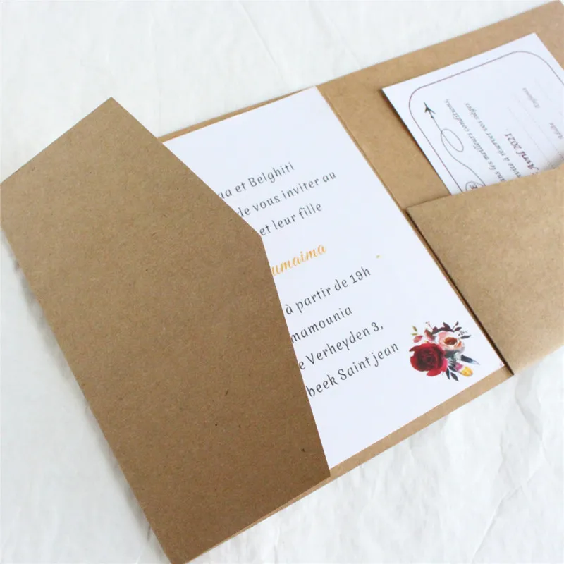 Craft Paper Wedding Invitation Marriage Business Tir-Fold Greeting Card With Envelop Belly Personalized Printing