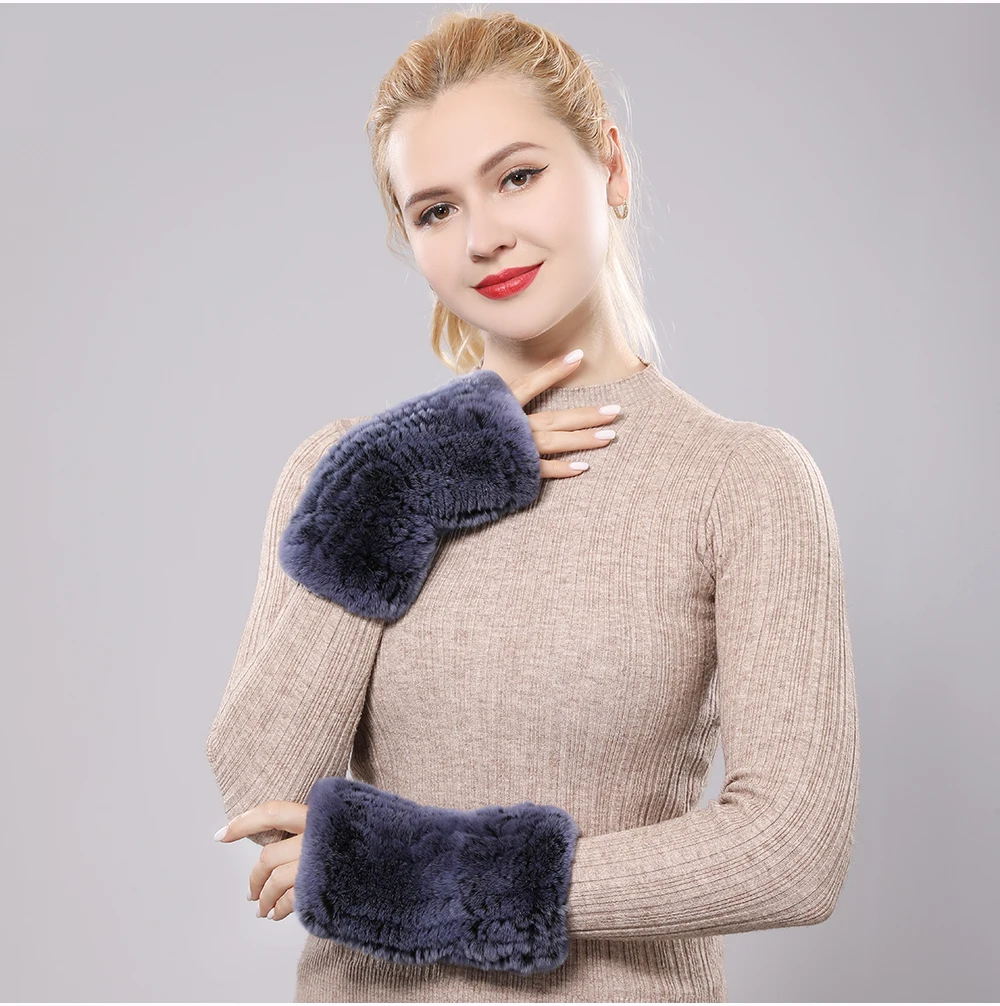 New Women 100% Real Genuine Knitted Rex Rabbit Fur Mittens Winter Warm Lady Real Fur Fingerless Gloves Handmade Knit Fur Mitten