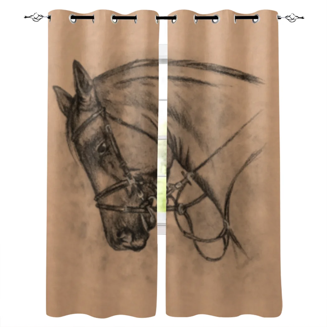 Horse Head Pencil Drawing Window Curtain For Living Room Bedroom Luxury Home Kitchen Decor Items Curtains