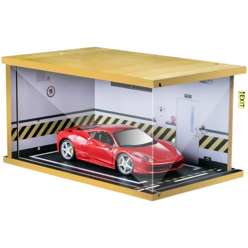 Diorama 1:24 Parking Lot Simulation Scene Garage Wood Model Dimensional Show DIY Car Model Acrylic Dust Cover Adult Collec