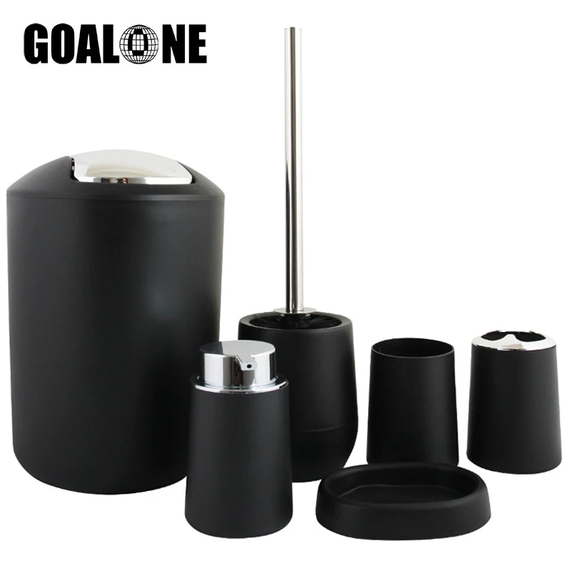 Plastic Bathroom Accessories Set 6PCS Soap Dispenser Dish Trash Can Toilet Brush Toothbrush Holder Toothbrush Cup for Bathroom