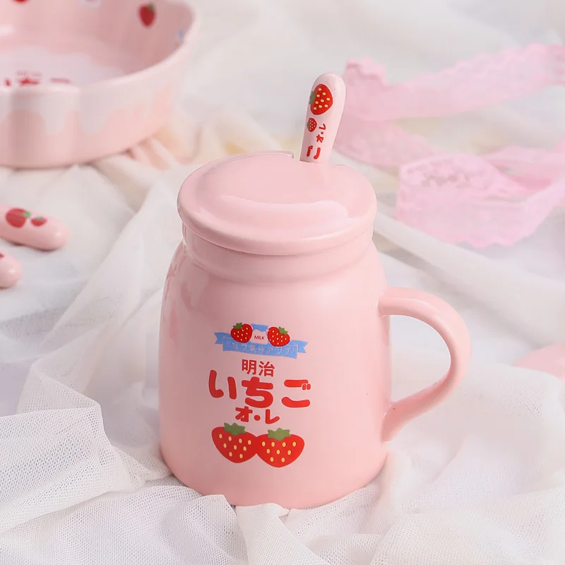 Pink strawberry mug cute ceramic cup with lid student water glass interesting gift milk bowl coffee bottle tea cup HP91901