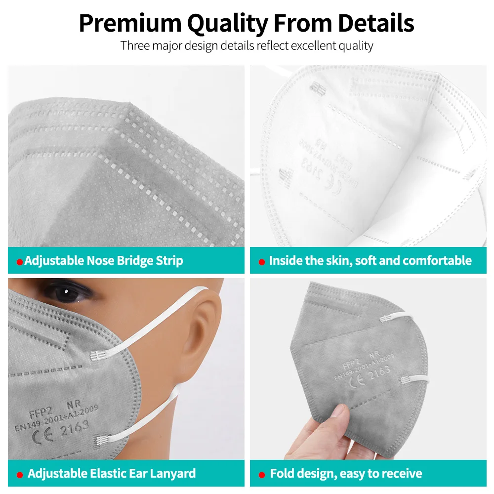 Grey FFP2 Mascarillas kn95 Masks 5 ply FFP2 Mask Respiratory Mask fpp2 Cubrebocas Reusable Protective mascarilla fpp2 homologada