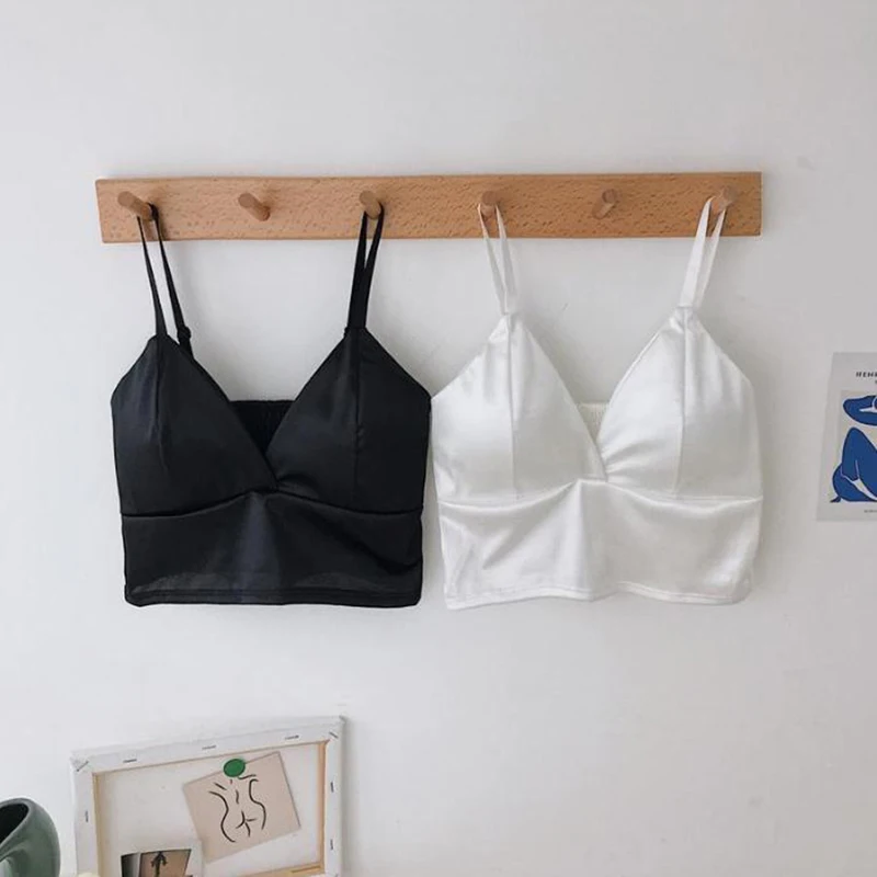 Women Wireless Bralette Crochet Top Sexy Satin Crop Tops Female Spaghetti Strap Tshirt Cropped With Chest Padded Camisole