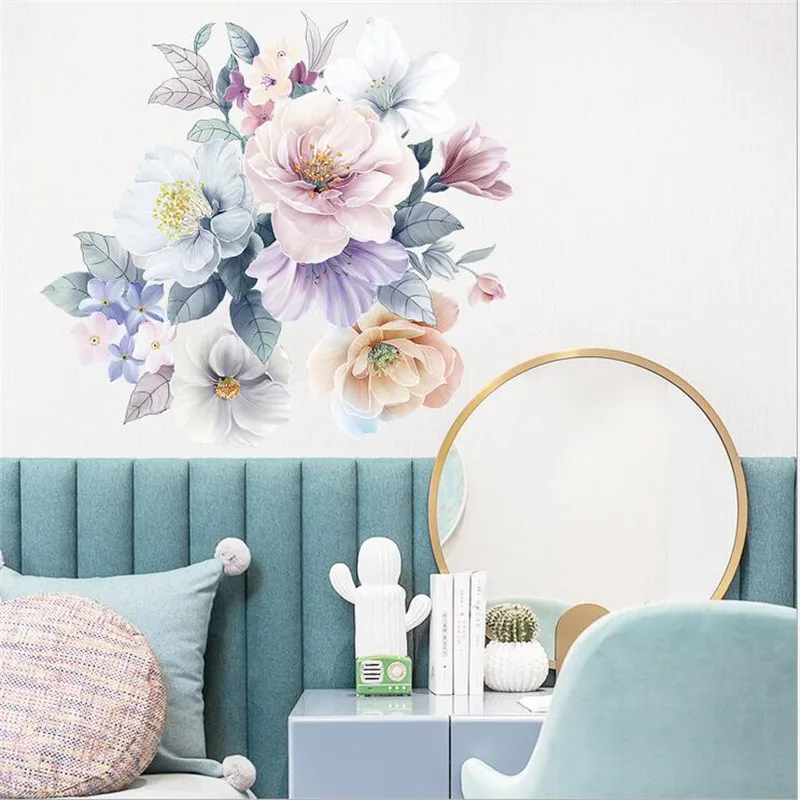 1PCS New Literary Pink Blue Flowers Wall Stickers For Kids Bedroom Bedside Porch Wall Beautification Decorative 30*90CM