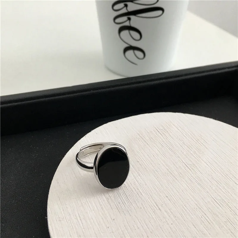 LIVVY Minimalist Fashion Oval Shaped Black Drop Glaze Silver Color Open Ring double Temperament  Jewelry Gift For Woman