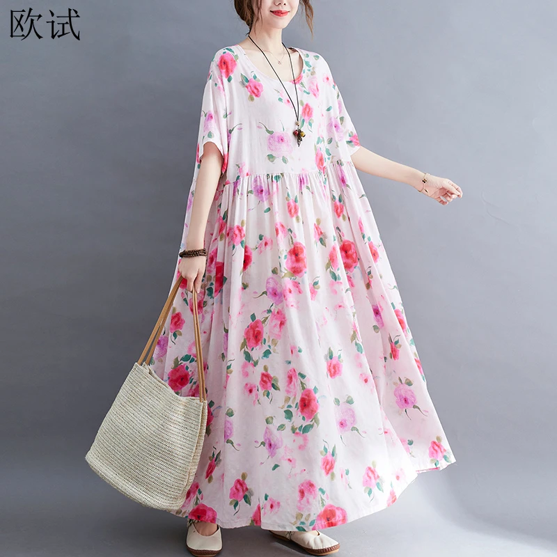 Oversized Cotton Floral Dress For Women Summer Loose Casual Ladies Vestidos Flower Dresses Fashion Mujer Verano Femme Dress 2023