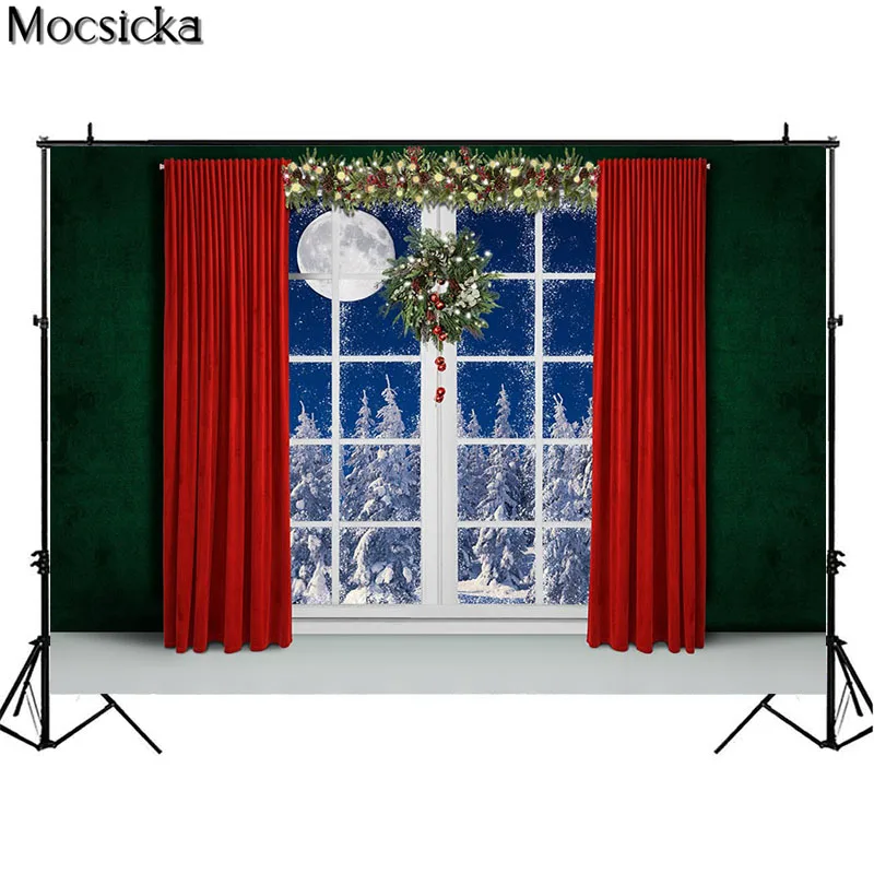 عيد الميلاد ويندوز خلفيات للتصوير الفوتوغرافي الشتاء الثلوج الحمراء الستار ديكور الأخضر الداكن جدار الاطفال الطفل صورة خلفية الصورة استوديو