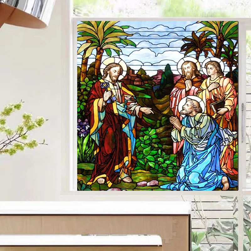 Custom Size Stained Glass Static Cling  Window Film  Religious Jesus Christ Poster for Church Decor Home Door Glass Sticker