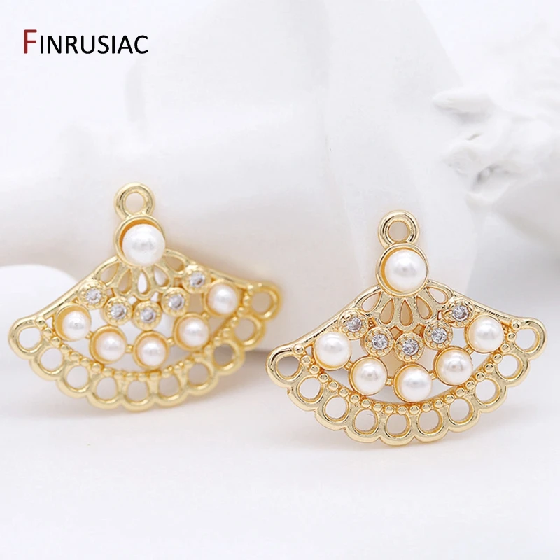 2020 New Design 14k Gold Plated Micro Inlaid Zircon Pearl Fan-shaped Pendants DIY Earrings Necklaces Jewelry Making