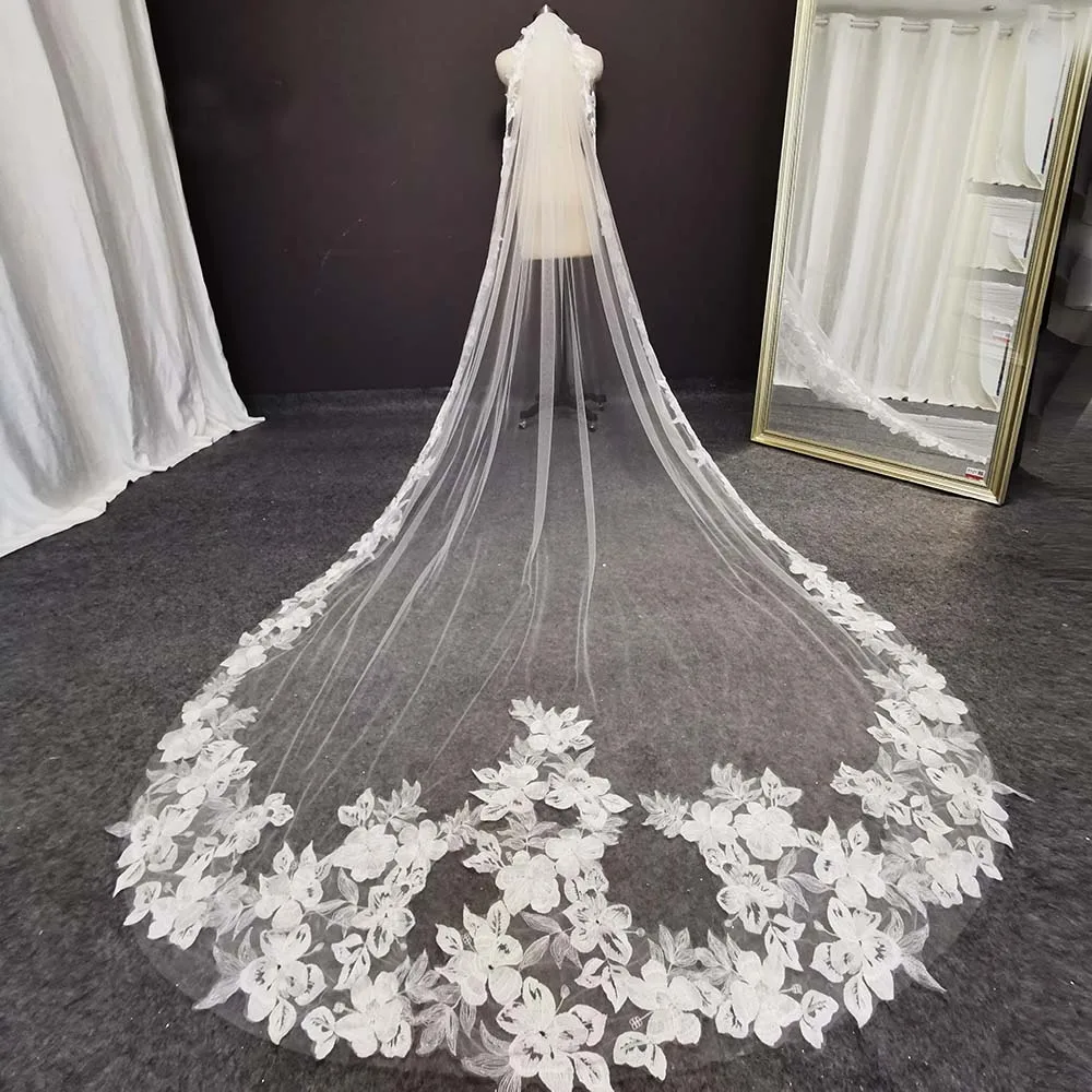 Beautiful Flower Lace Wedding Veil 3 Meters 1 Layer Soft Tulle Cathedral Ivory Bridal Veil with Comb Wedding Accessories