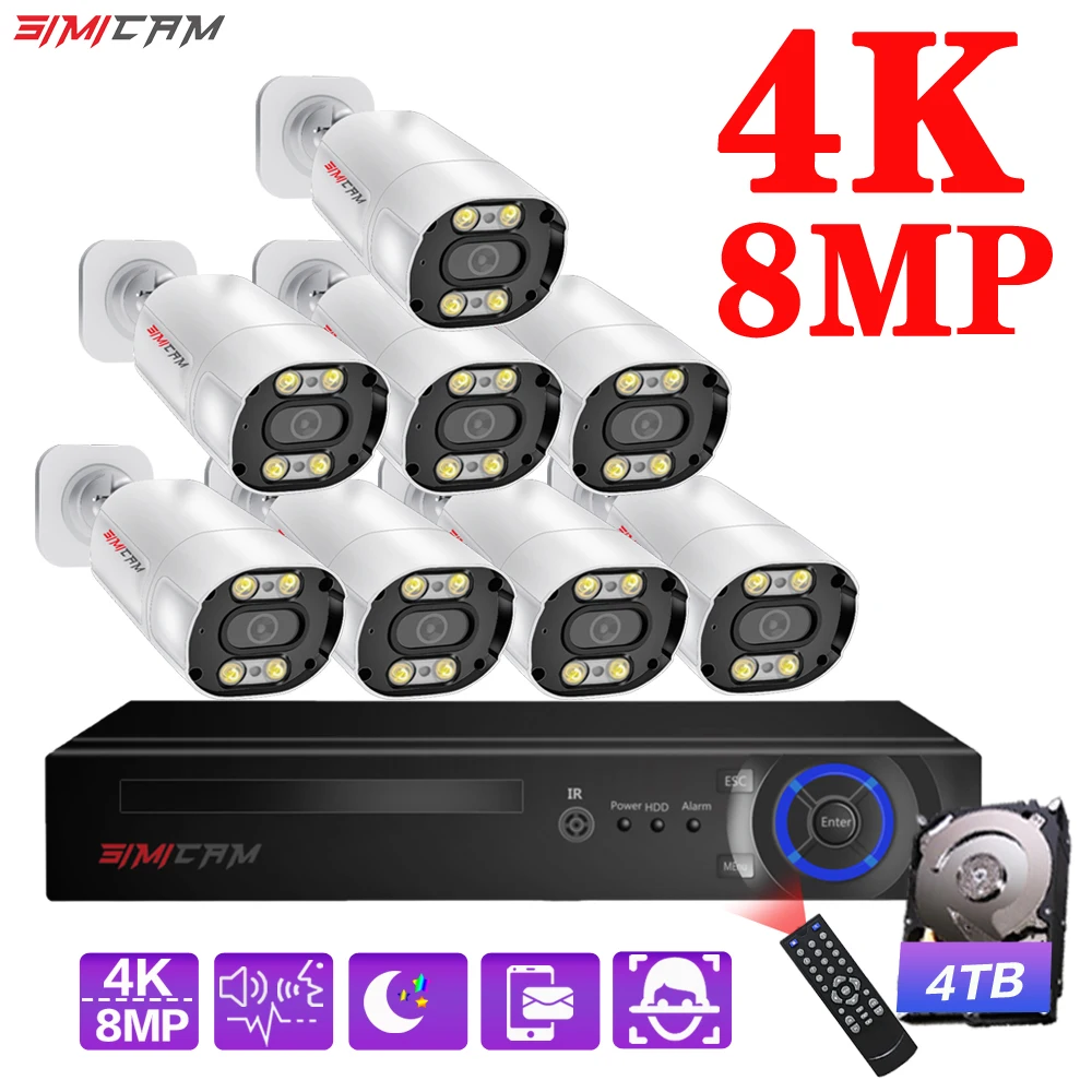 Système de caméra de sécurité IP POE 4K 8MP, kit NVR, détection de visage, audio bidirectionnel, balle en métal avec câble RJ45, vidéosurveillance