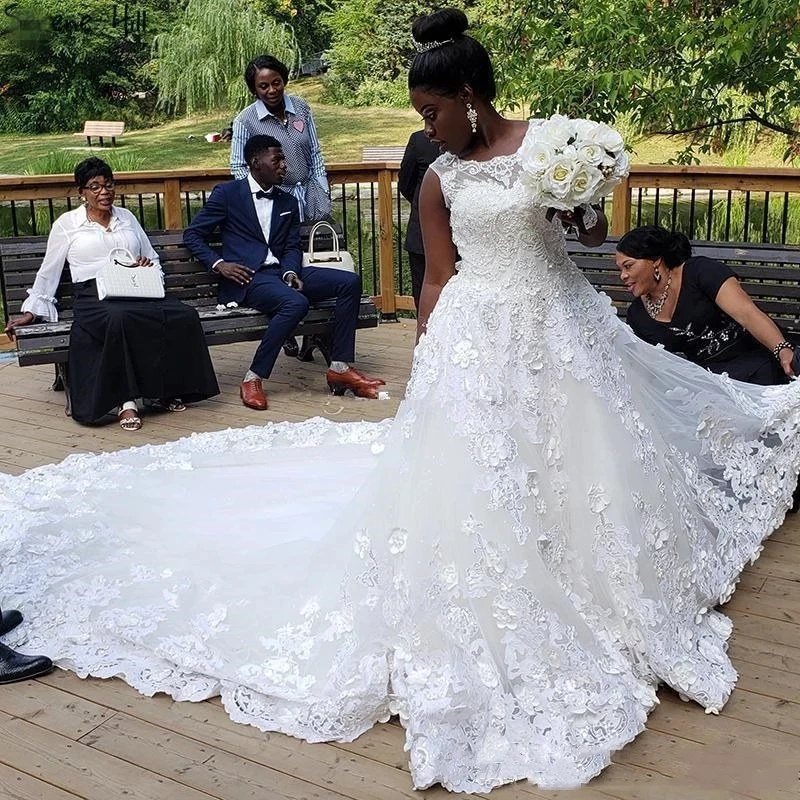 Customized Cathedral Train Princess Dresses 2023 Plus Size African Nigerian 3D Floral Lace Crystal Church Garden Wedding Gowns