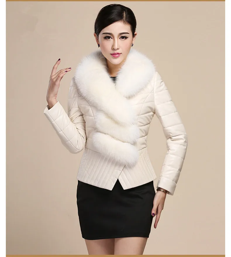 Female Down Cotton White Coat Autumn and Winter Faux Leather Jacket Women Large Fur Collar Parkas Chaqueta Mujer KJ538