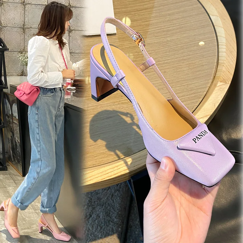 

Women Sandals Square Toe Spike Heel Slingback 6CM Footwear Buckle Strap Wedding Dress Shoes 2022 Summer Marry Jane Sandals