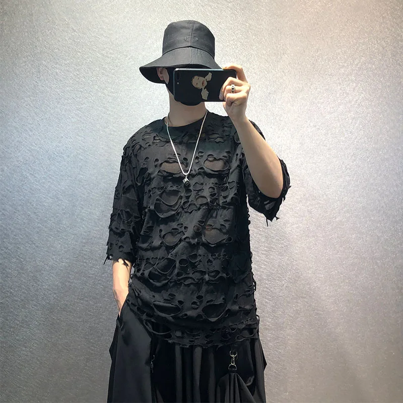 Summer new personality hollow hole beggar T-shirt male original loose large size hip-hop street dark t-shirt trend