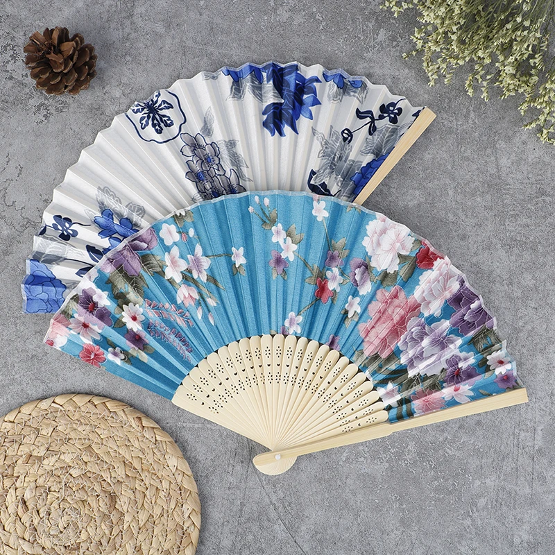 Abanico de seda de estilo japonés chino, abanico plegable de bambú Vintage, regalos de Arte de boda, baile, flores