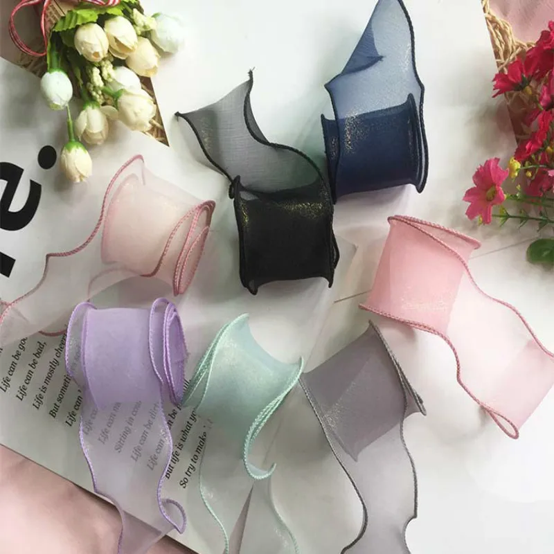 Glitter Curly Organza Ribbon Satin Tulle Hair Bowknot Floristic Decoration Accessories Christmas Materials Craft 50mm Mesh Tape