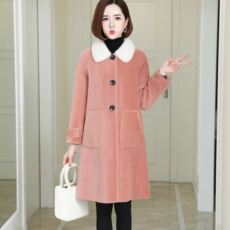 

Real Winter Women Mink Collar Sheep Shearling Fur Wool Coat Female Korean Pink Jacket AD-OG880 MY1230