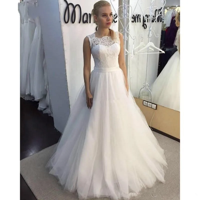 

ANGELSBRIDEP Lace Bodice A-Line Tulle Wedding Dress Simple Sash Cheap Vestido De Noiva Formal High Neck Floor-Length Bride Dress