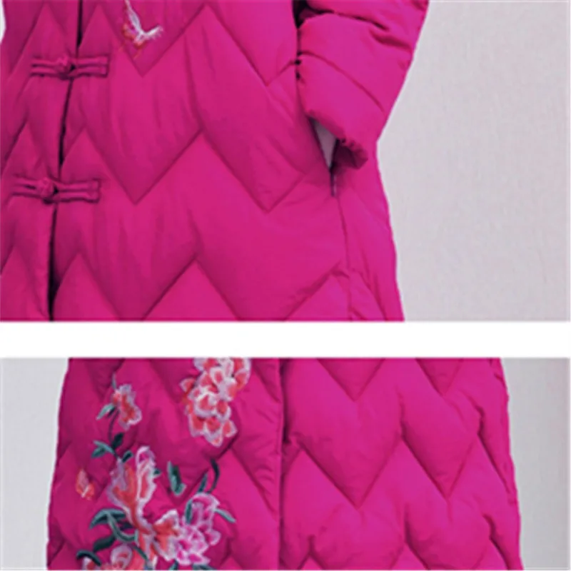 2023 Autumn Winter Femme Top Down Cotton Jacket Women Korean Hooded Long Warm Padded Coat Embroidery Female Overcoat H1848