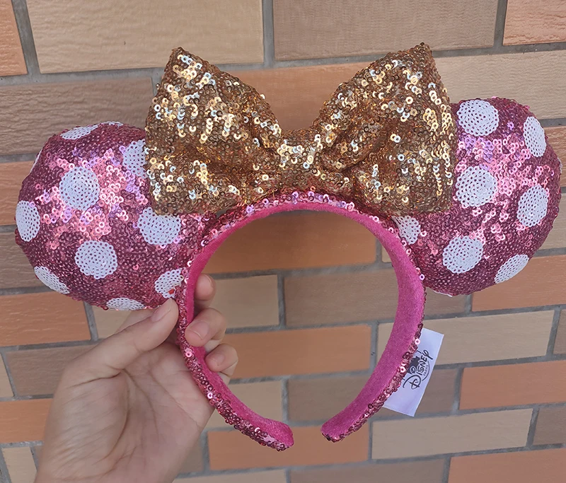 Disney Parks Minnie Mouse Ears Sequin Pink Polka Dot Gold Bow Headband NEW