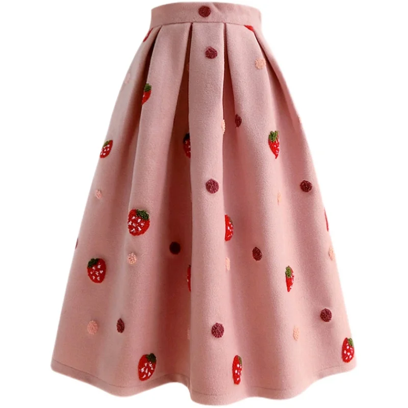 Autumn winter strawberry embroidered woolen umbrella skirt women thick high waist ball gown skirt