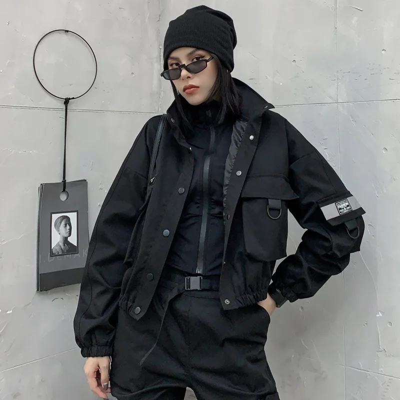 CTRLLOCK Techwear Women Black Stand Collar Jacket Casual Long Sleeve Pocket Female Outerwear Hiphop Fashion 2021