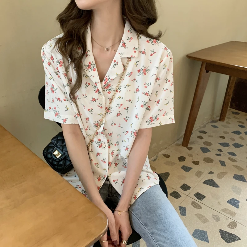 Shirts Women Summer Elegant Vintage Floral Printed Simple Office Ladies Daily Stylish Single Breasted Leisure Chic Ins All-match